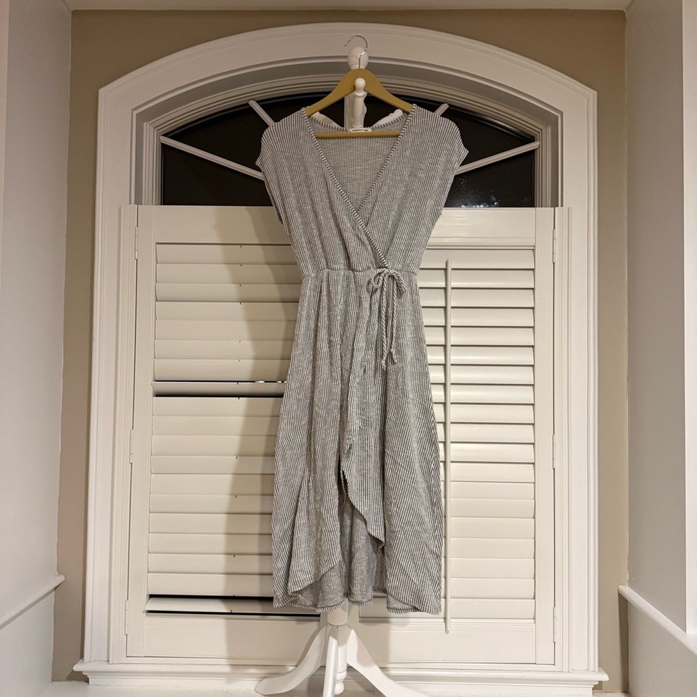 Caution To The Wind Gray White Stripe Wrap Dress with Tie Waist